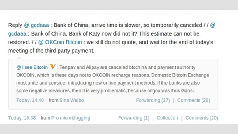 Rumors of Banned Transactions to BTC China Cause Price Drop