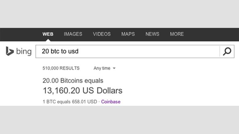Microsoft's Bing Search Engine Adds Support For Bitcoin Rate Conversion
