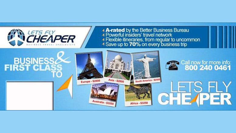 Luxury Travel Specialist, Lets Fly Cheaper Now Accepting Bitcoin