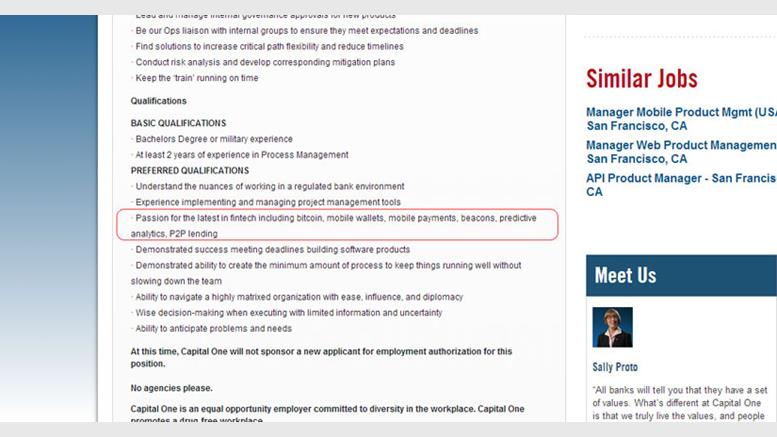 Capital One Seeks Operations Manager Who's Passionate About Bitcoin, Other FinTech